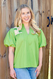 Green Bubble Sleeve Crochet Detail Top
