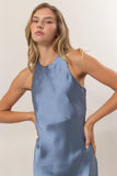 Blue Satin Sleeveless Midi