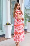 Pink & Orange Ruffle Midi Dress