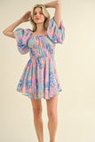 Bright Floral Bubble Sleeve Dress