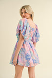 Bright Floral Bubble Sleeve Dress