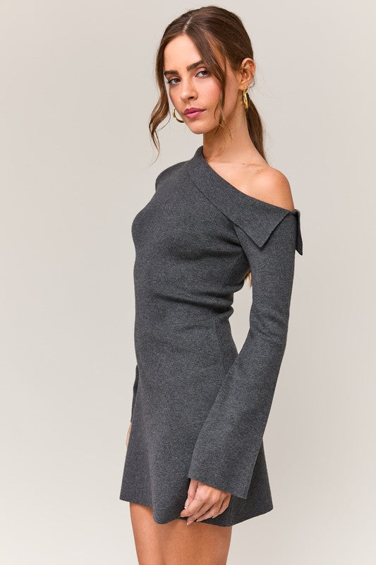 Charcoal Asymmetrical Shoulder Sweater Dress