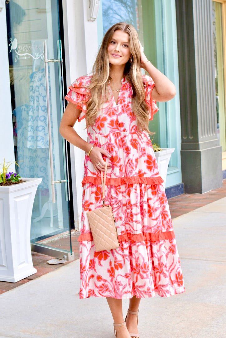orange ruffle midi dress Pink & Orange Ruffle Midi Dress – Fashion Cupcake