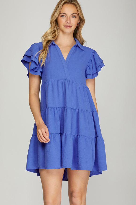 Cobalt Blue Flutter Collared Dress