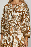 Brown & Ivory Long Sleeve Smocked Waist Dress