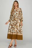 Brown & Ivory Long Sleeve Smocked Waist Dress
