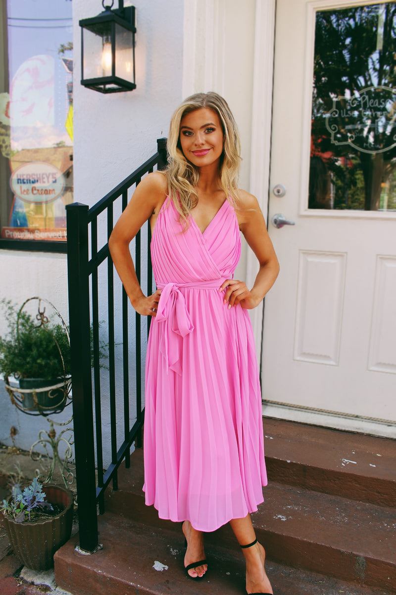 Pink Pleated Midi Dress