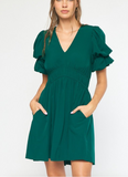 Hunter Green Puff Sleeve Smocked Waist Dress