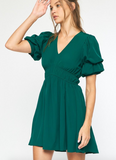 Hunter Green Puff Sleeve Smocked Waist Dress