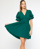 Hunter Green Puff Sleeve Smocked Waist Dress