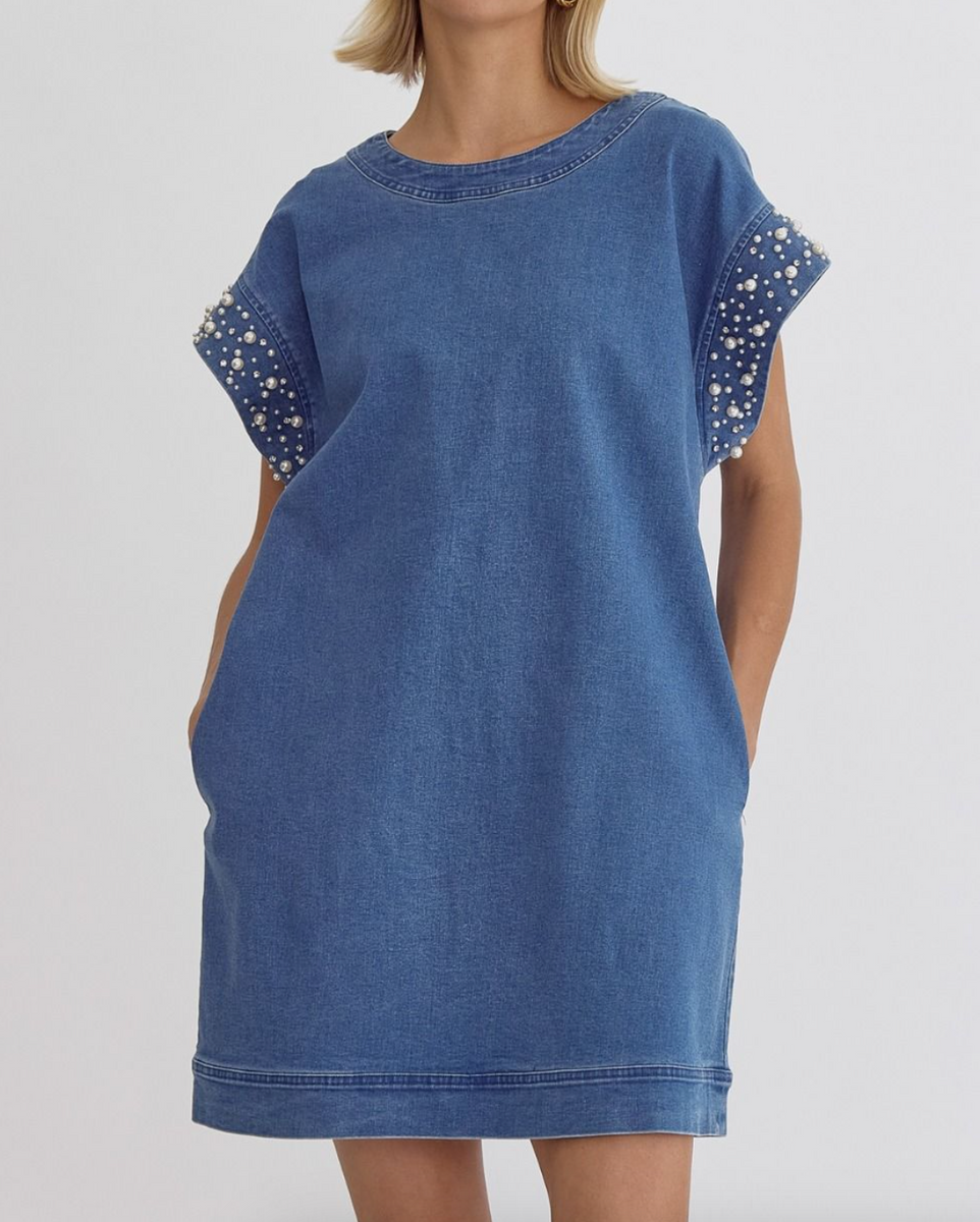 Denim Dress With Pearl & Rhinestone Sleeve Fashion Cupcake Denim Dress With Pearl & Rhinestone Sleeve Fashion Cupcake