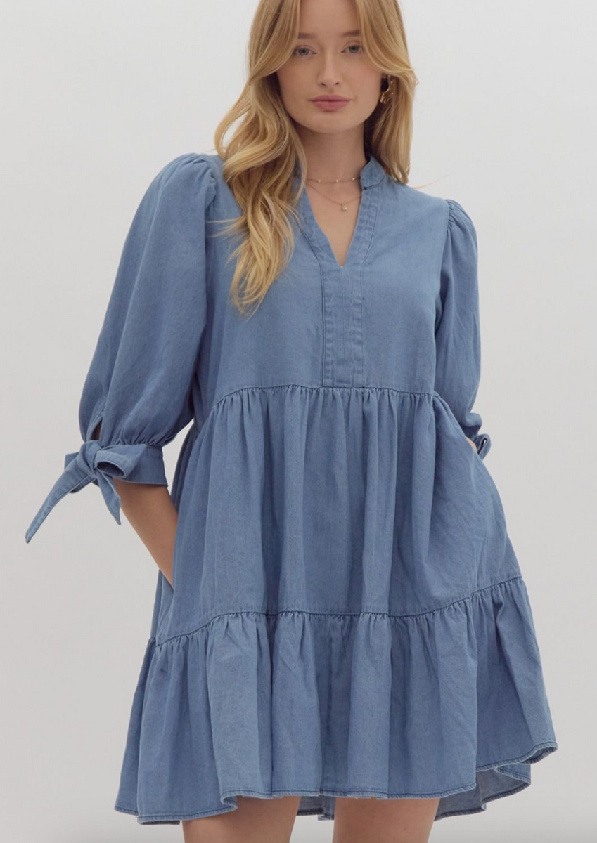 Tiered Denim Tie Sleeve Dress – Fashion Cupcake