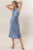 Blue Satin Sleeveless Midi