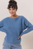 Blue Ribbed Boatneck Sweater Top