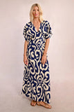 Navy Pattern Deep V-Neck Midi Dress
