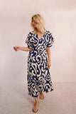 Navy Pattern Deep V-Neck Midi Dress