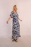 Navy Pattern Deep V-Neck Midi Dress