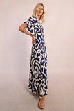 Navy Pattern Deep V-Neck Midi Dress