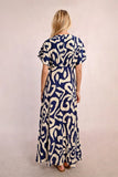 Navy Pattern Deep V-Neck Midi Dress