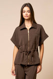 Brown Front Zipper Closure Collared Drawstring Top