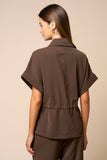 Brown Front Zipper Closure Collared Drawstring Top
