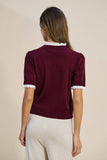 Wine Lace Trim Mock Neck Knit Top