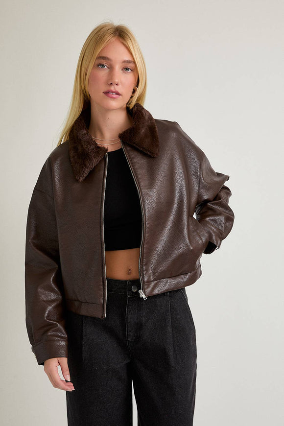 Fur Collar Brown Faux Leather Jacket