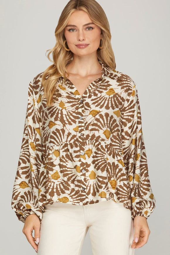 Brown & Mustard Long Sleeve Button Top
