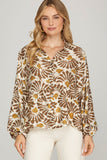 Brown & Mustard Long Sleeve Button Top