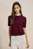Wine Lace Trim Mock Neck Knit Top