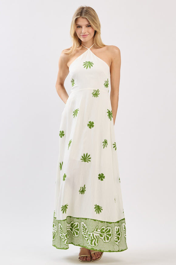 Ivory & Green Print Halter Maxi
