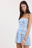 Blue Patch Pattern Strapless Mini Dress