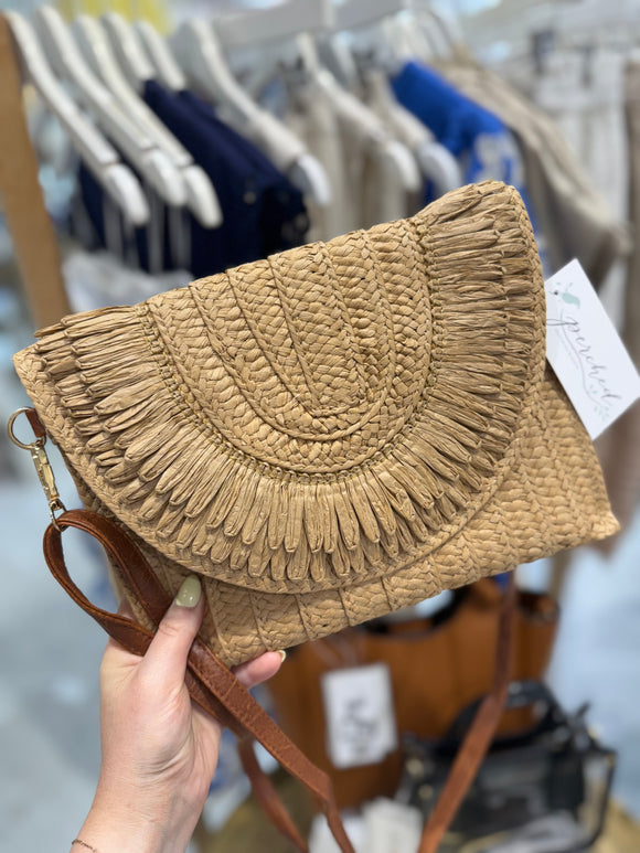 Khaki Woven Straw Flap Clutch with Strap