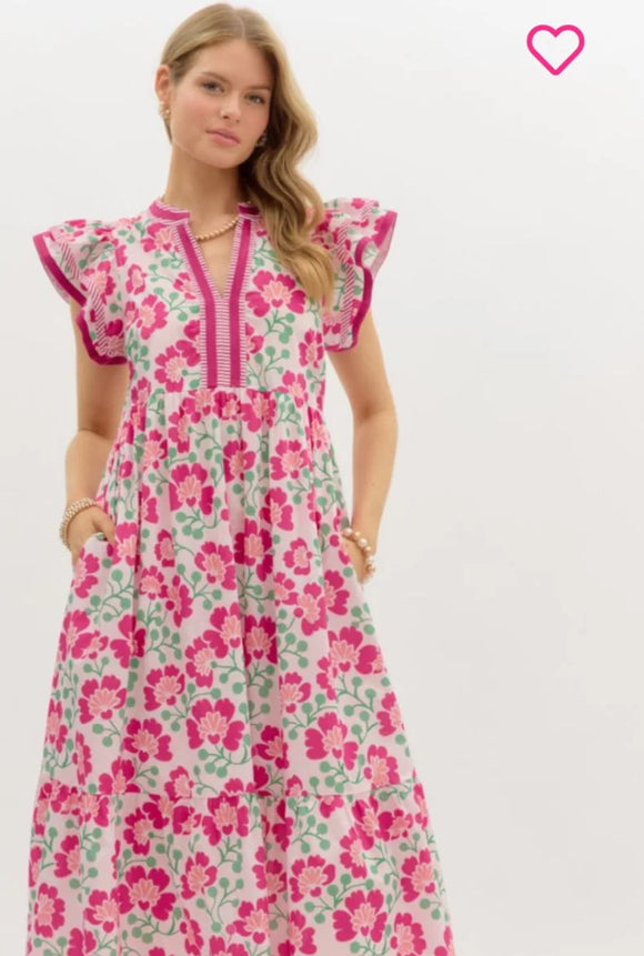 Magenta Flower Pattern Midi Dress