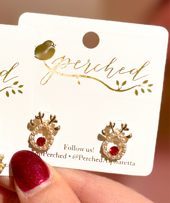 Mini Pearl Red Nosed Reindeer Studs