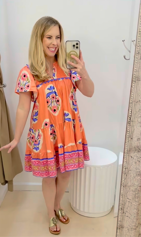 Coral & Purple Smoked Front Ric Rac Dress