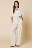 Cream Front Zipper Closure Collared Drawstring Top