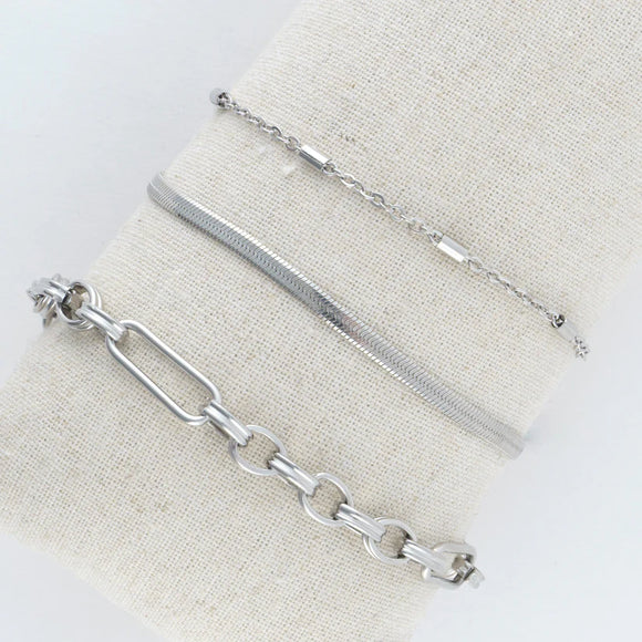 Silver - Multi Paper Clip Snake Chain Bracelet Set