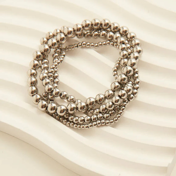 Silver - Four Single Beaded Elastic Bracelet Set