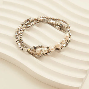 Silver - Waterproof Multi Pearl Stretch Bracelet Set