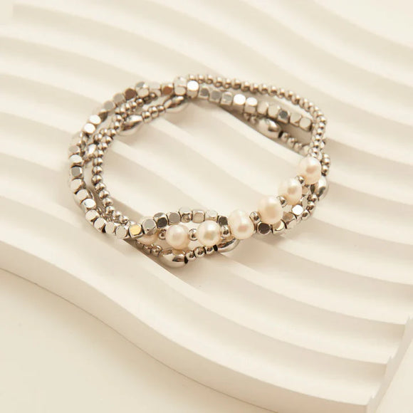 Silver - Waterproof Multi Pearl Stretch Bracelet Set