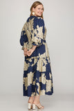 Navy Floral Tiered Midi Dress
