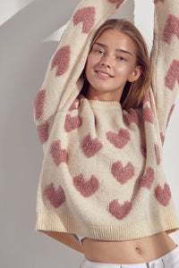 Oatmeal Fuzzy Heart Sweater