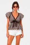 Brown Gingham Bubble Sleeve Tie Top