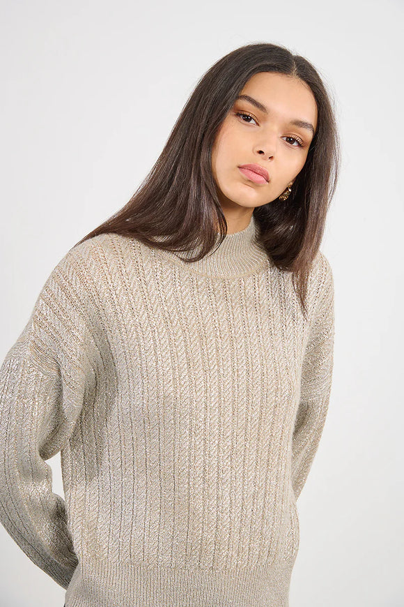 Beige Metallic Silver Cable Knit Sweater