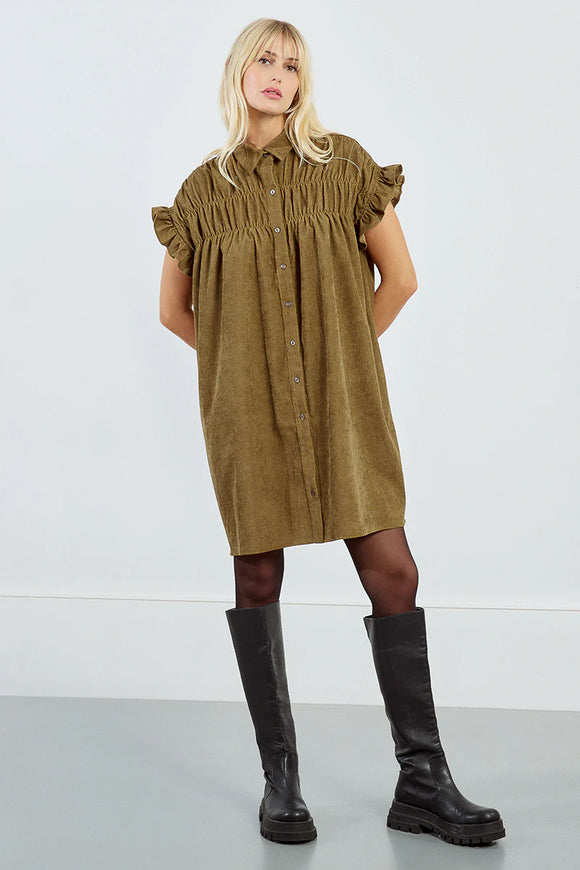 Khaki Woven Gathered Shirt Dress