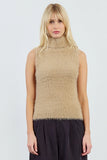 Beige Wide Turtleneck Sleeveless Sweater