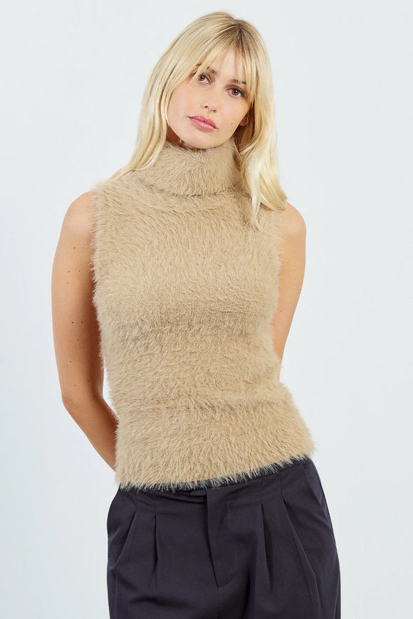 Beige Wide Turtleneck Sleeveless Sweater