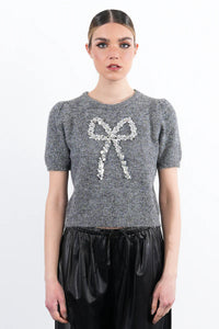 Grey Short Sleeve Sequin Bow Sweater