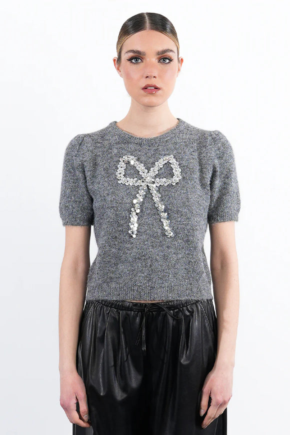 Grey Short Sleeve Sequin Bow Sweater